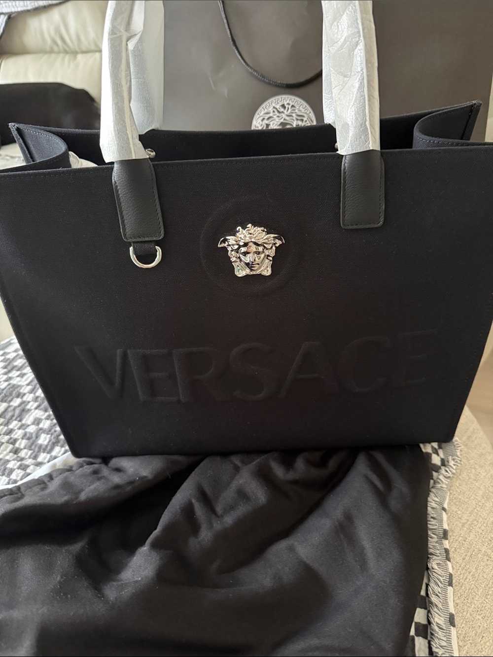 Versace Black Tote with Silver Medusa Accent